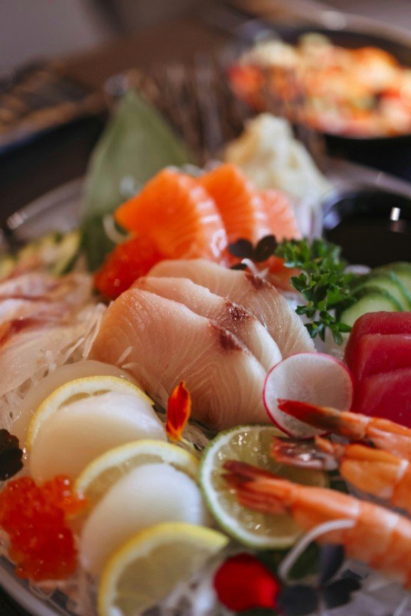 Fresh seafood selection including sashimi-grade fish, shrimp and shellfish